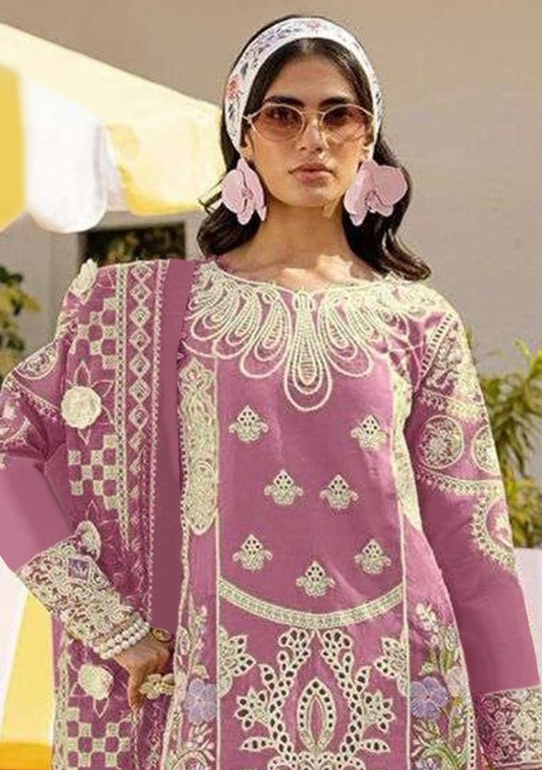 Pink Embroidered Faux Georgette Salwar Kameez With Dupatta - Indya