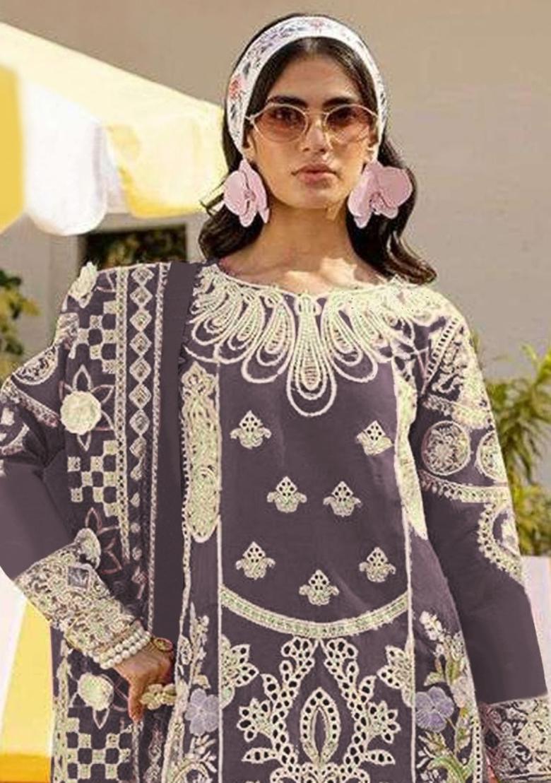 Dark Lavender Embroidered Faux Georgette Salwar Kameez With Dupatta - Indya