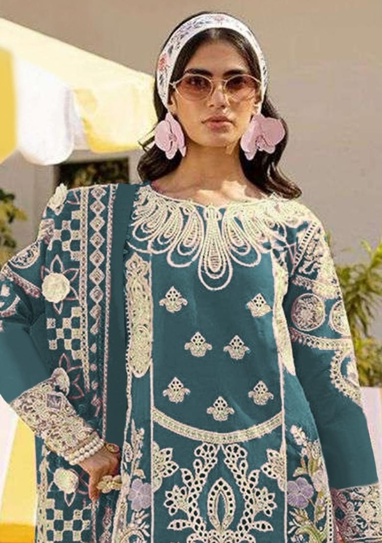 Teal Blue Embroidered Faux Georgette Salwar Kameez With Dupatta - Indya