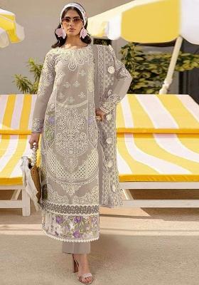 Beige Embroidered Faux Georgette Salwar Kameez With Dupatta