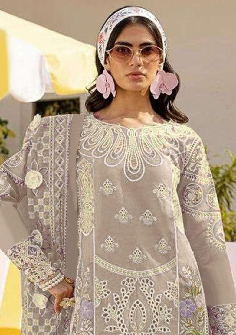 Beige Embroidered Faux Georgette Salwar Kameez With Dupatta - Indya