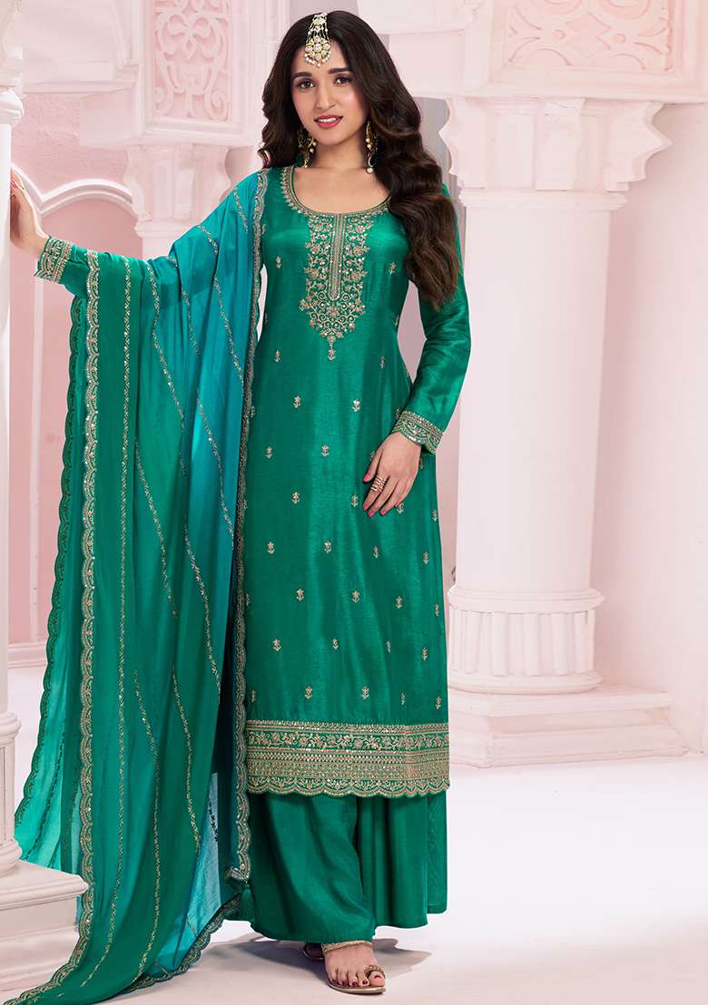 Green Embroidered Silk Blend Straight Kurta Set - Indya