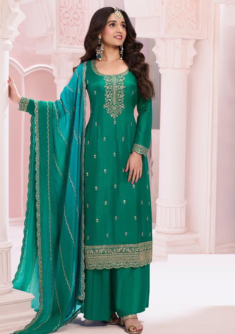 Green Embroidered Silk Salwar Kameez With Dupatta - Indya