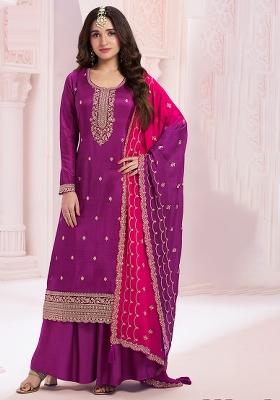 Purple Embroidered Silk Salwar Kameez With Dupatta