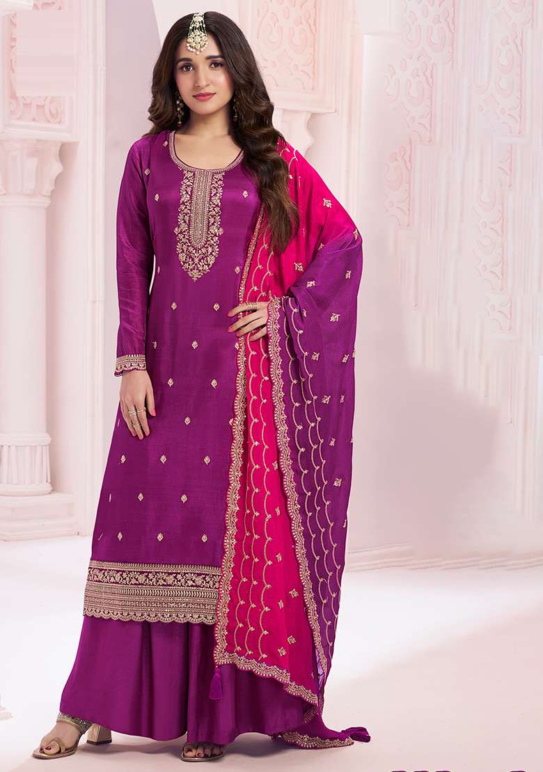 Purple Embroidered Silk Blend Sharara Set - Indya