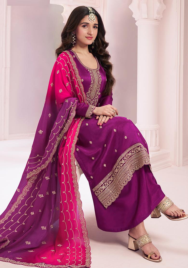 Purple Embroidered Silk Salwar Kameez With Dupatta - Indya