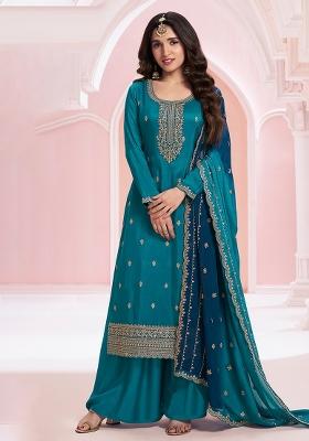 Teal Embroidered Silk Salwar Kameez With Dupatta