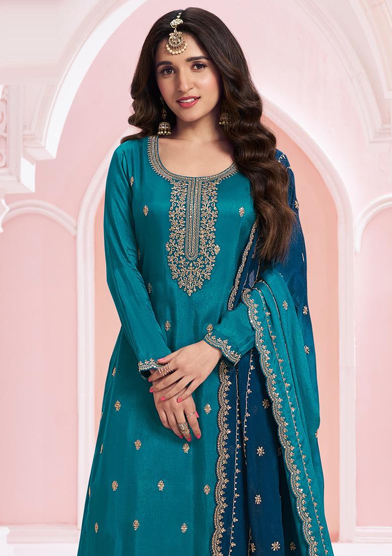 Teal Embroidered Silk Salwar Kameez With Dupatta - Indya
