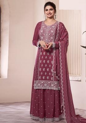 Wine Embroidered Silk Salwar Kameez With Dupatta