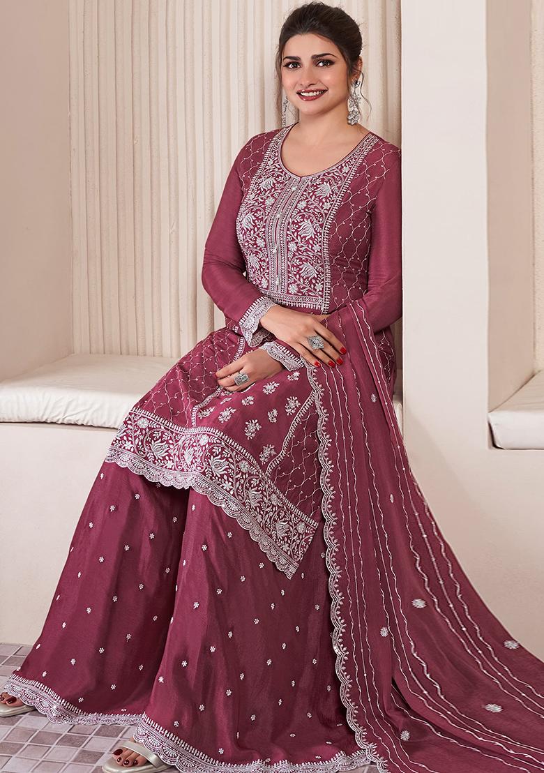 Wine Embroidered Silk Salwar Kameez With Dupatta - Indya