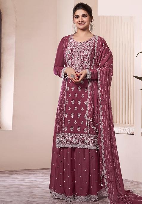 Wine Embroidered Silk Salwar Kameez With Dupatta