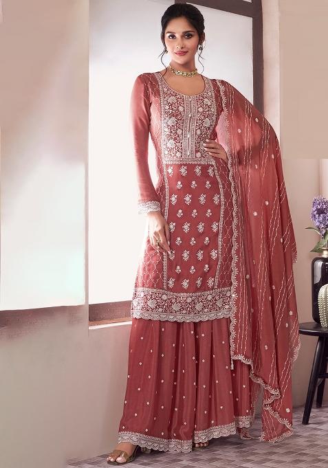 Peach Embroidered Silk Salwar Kameez With Dupatta