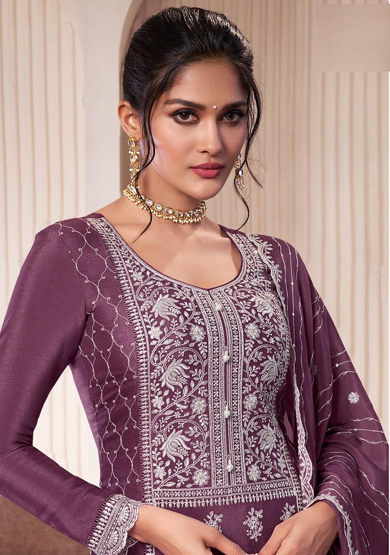 Lavender Embroidered Silk Salwar Kameez With Dupatta - Indya