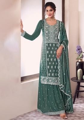 Green Embroidered Silk Salwar Kameez With Dupatta