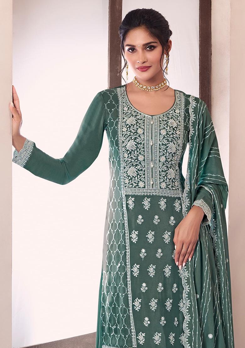 Green Embroidered Silk Salwar Kameez With Dupatta - Indya