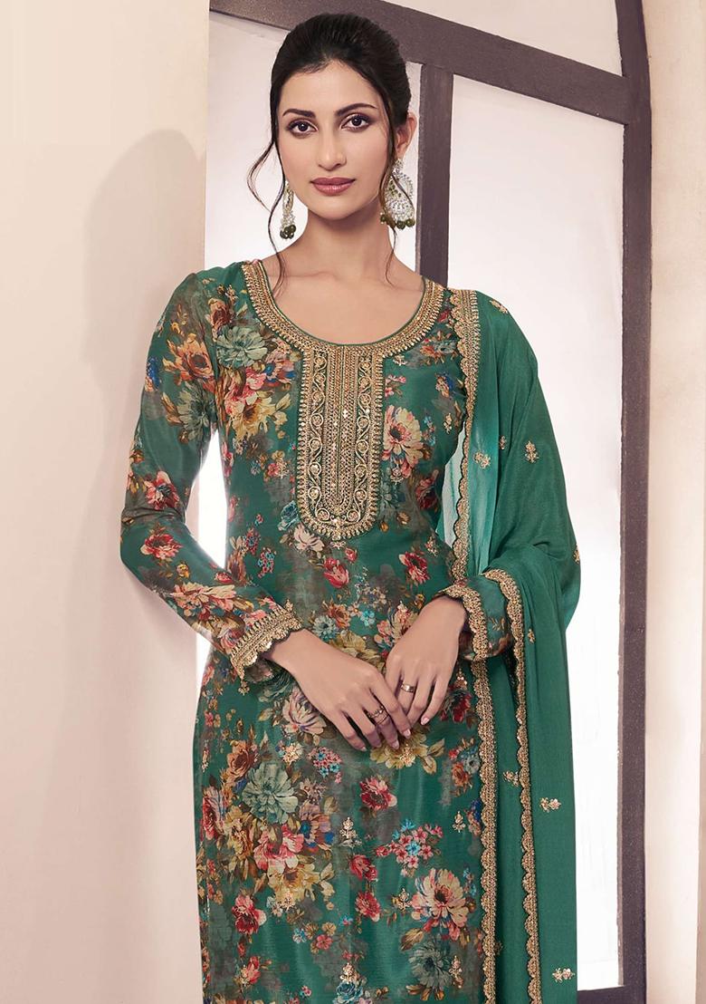 Green Embroidered Silk Salwar Kameez With Dupatta - Indya