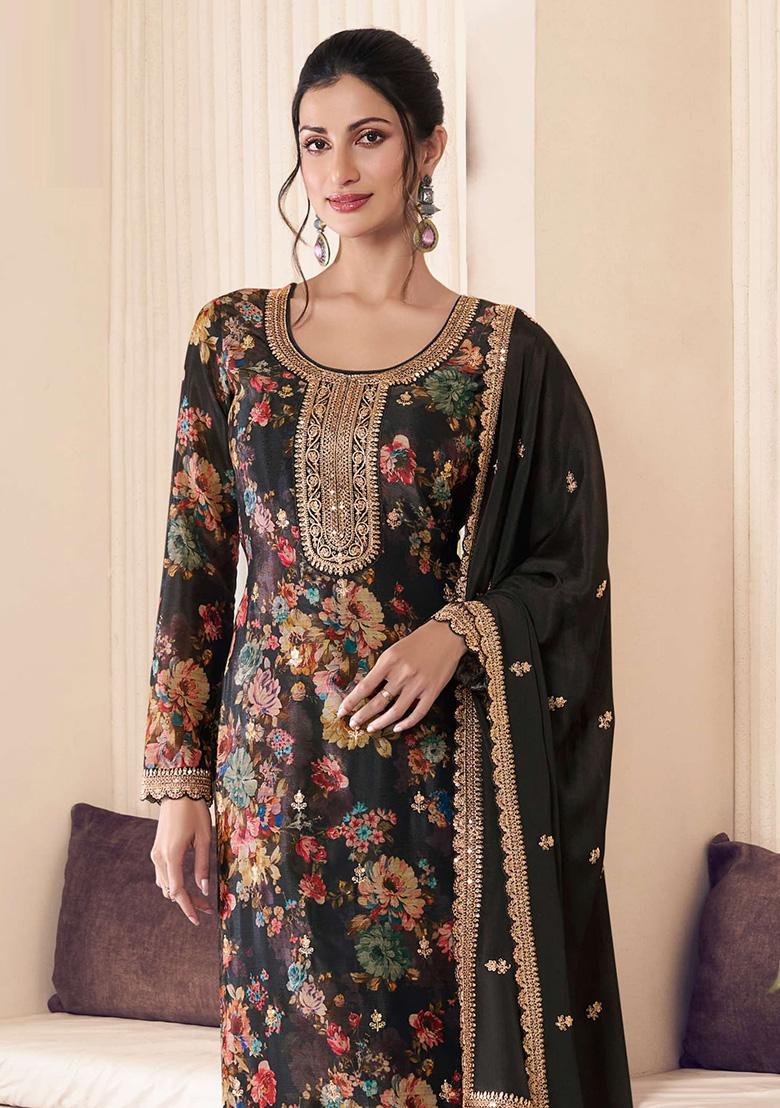 Black Embroidered Silk Salwar Kameez With Dupatta - Indya