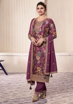 Wine Embroidered Silk Salwar Kameez With Dupatta