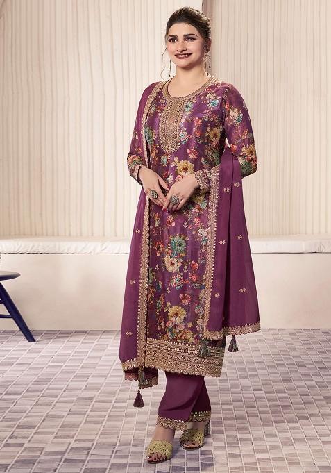 Wine Embroidered Silk Salwar Kameez With Dupatta