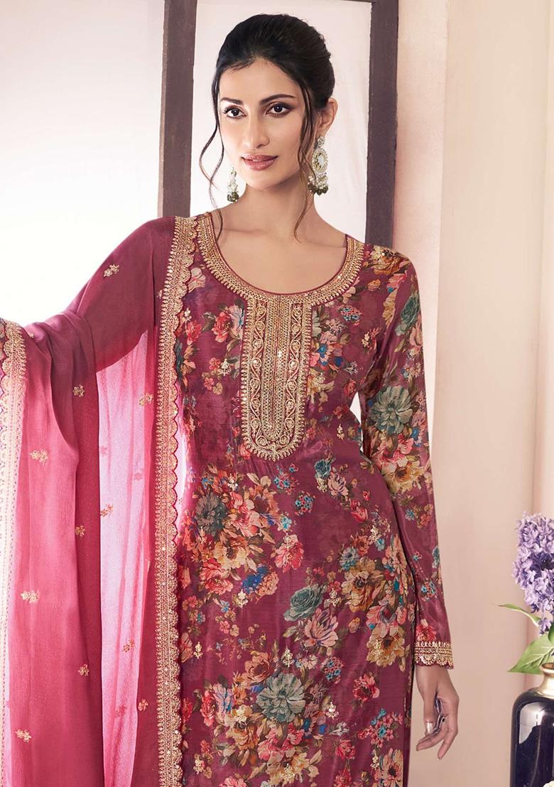 Pink Embroidered Silk Salwar Kameez With Dupatta - Indya