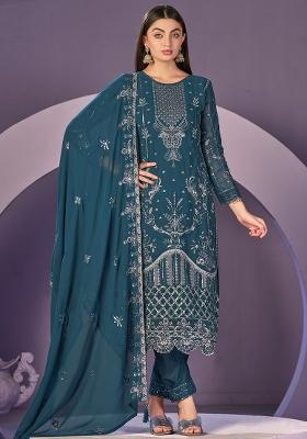 Teal Embroidered Faux Georgette Salwar Kameez With Dupatta