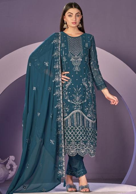 Teal Embroidered Faux Georgette Salwar Kameez With Dupatta