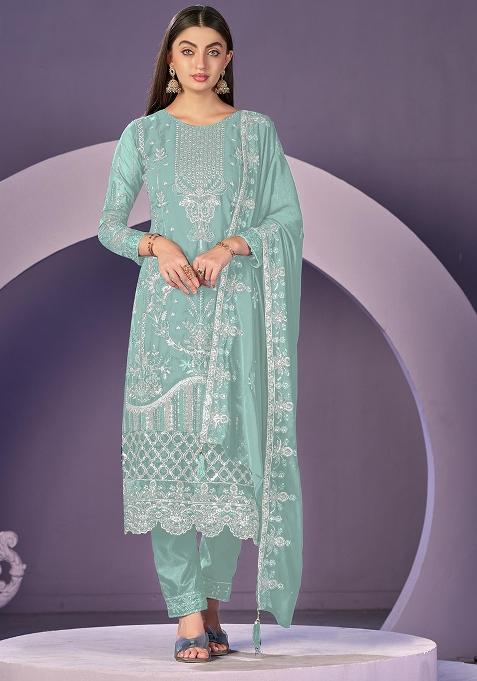 Sky Blue Embroidered Faux Georgette Salwar Kameez With Dupatta