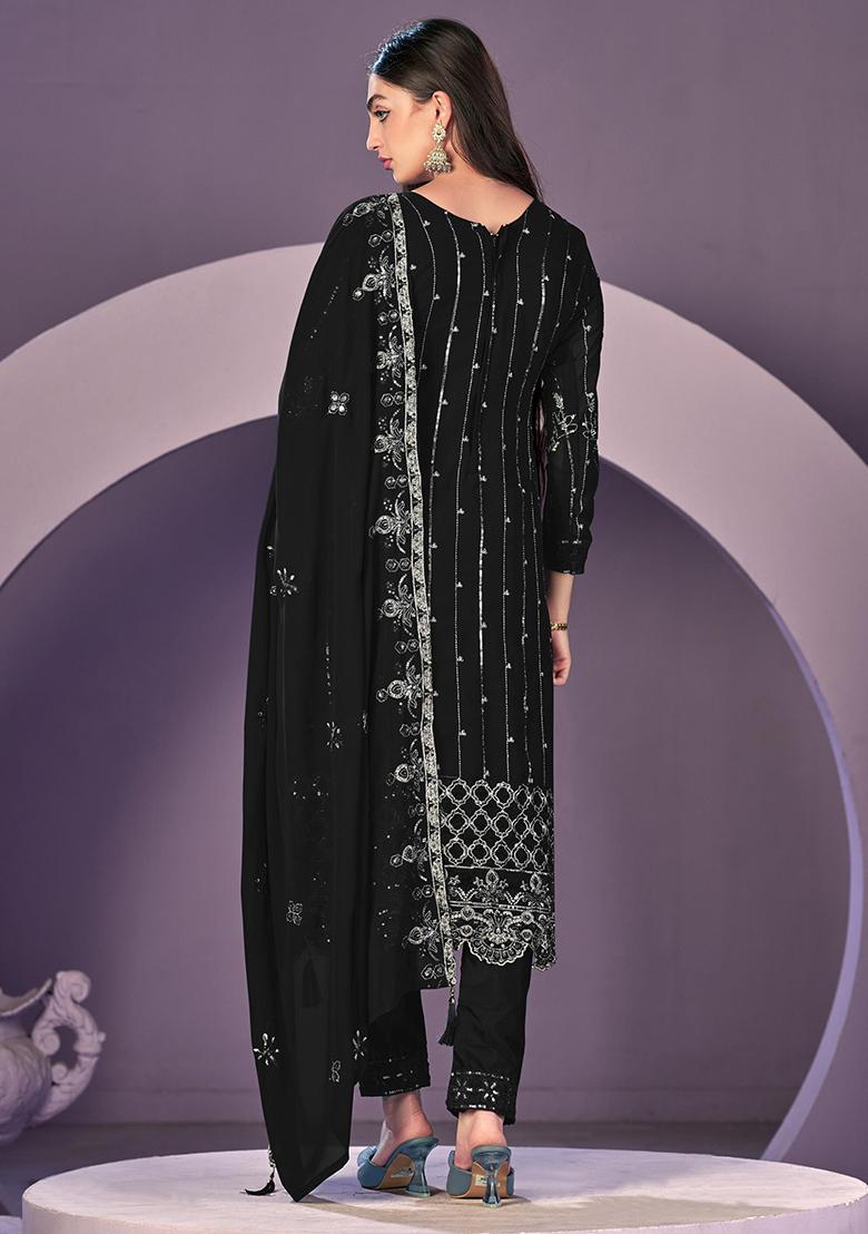 Black Embroidered Faux Georgette Salwar Kameez With Dupatta - Indya
