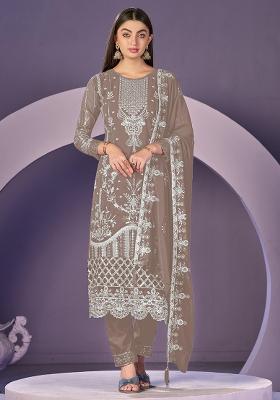 Beige Embroidered Faux Georgette Salwar Kameez With Dupatta