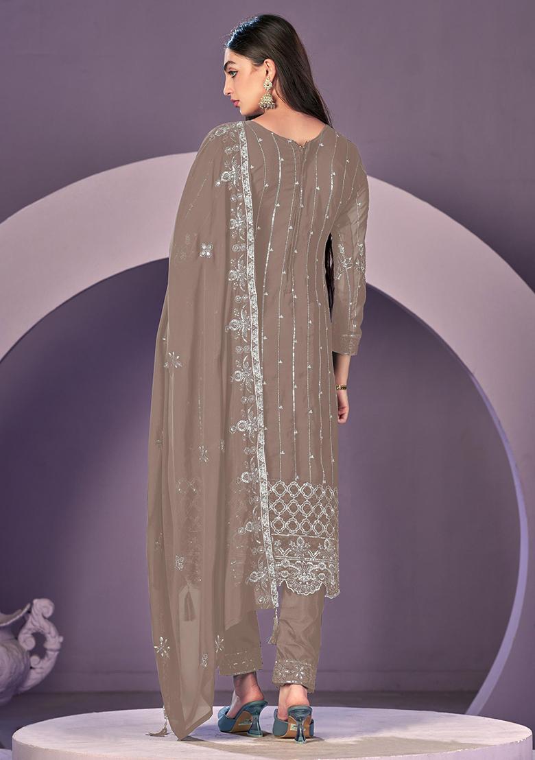 Beige Embroidered Faux Georgette Salwar Kameez With Dupatta - Indya