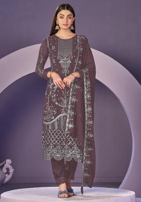 Mauve Embroidered Faux Georgette Salwar Kameez With Dupatta
