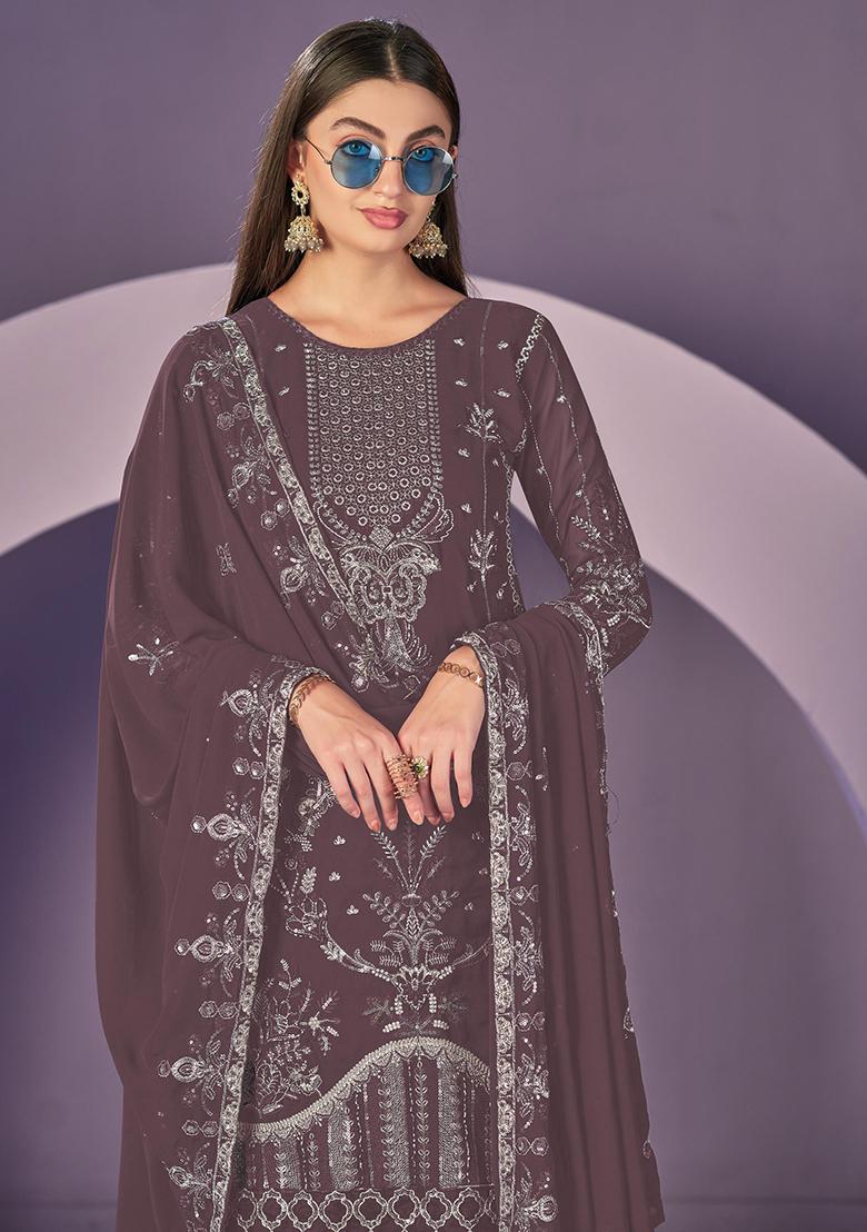 Mauve Embroidered Faux Georgette Salwar Kameez With Dupatta - Indya