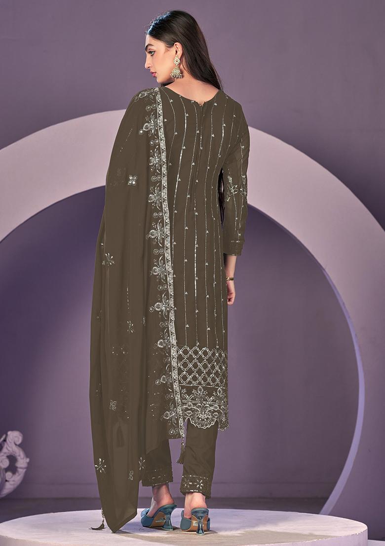 Mehendi Embroidered Faux Georgette Salwar Kameez With Dupatta - Indya