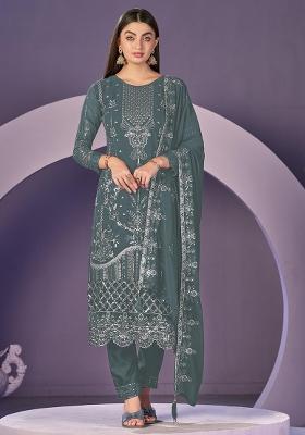 Sea Green Embroidered Faux Georgette Salwar Kameez With Dupatta