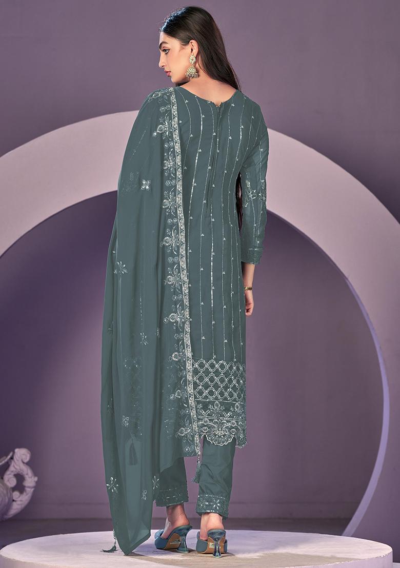 Sea Green Embroidered Faux Georgette Salwar Kameez With Dupatta - Indya