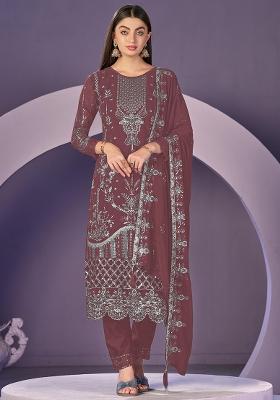 Brown Embroidered Faux Georgette Salwar Kameez With Dupatta