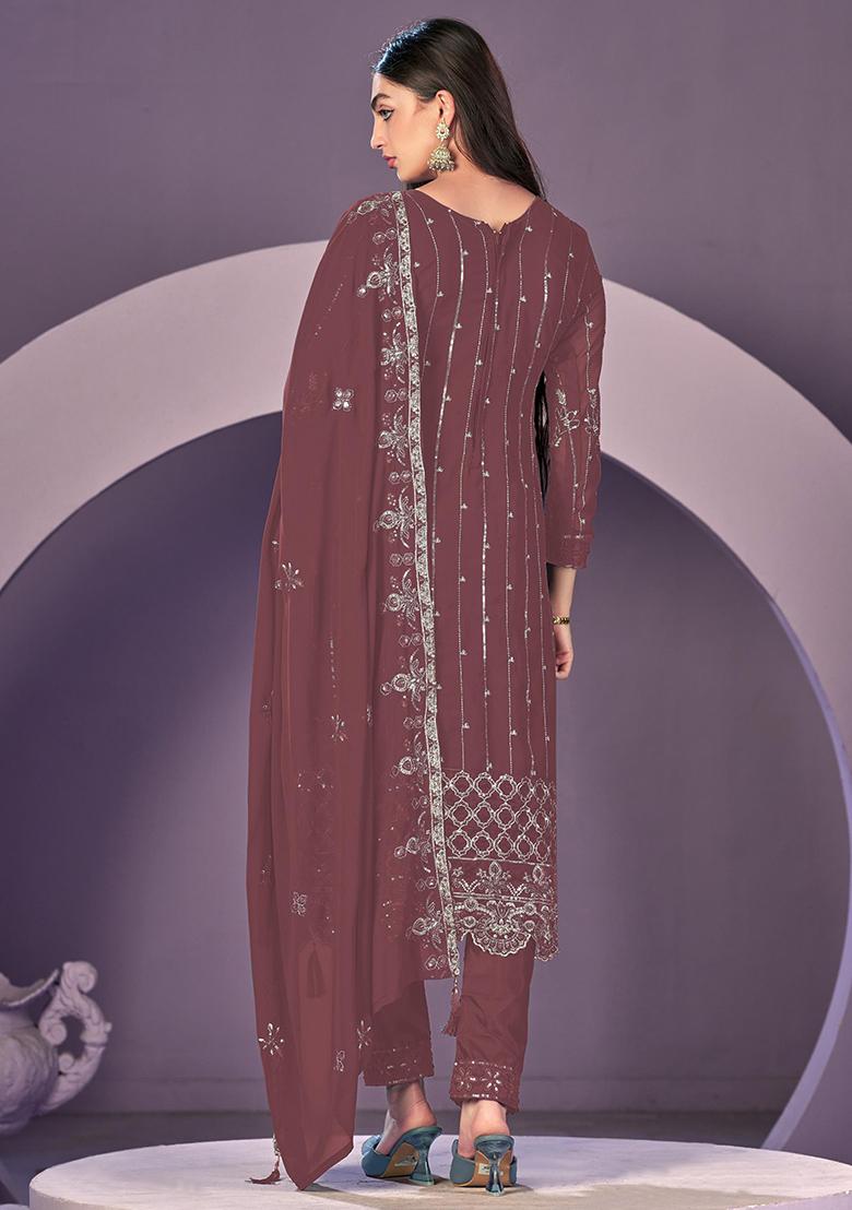 Brown Embroidered Faux Georgette Salwar Kameez With Dupatta - Indya