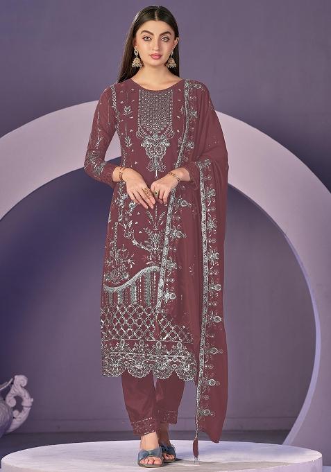 Brown Embroidered Faux Georgette Salwar Kameez With Dupatta