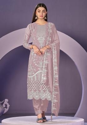 Lavender Embroidered Faux Georgette Salwar Kameez With Dupatta