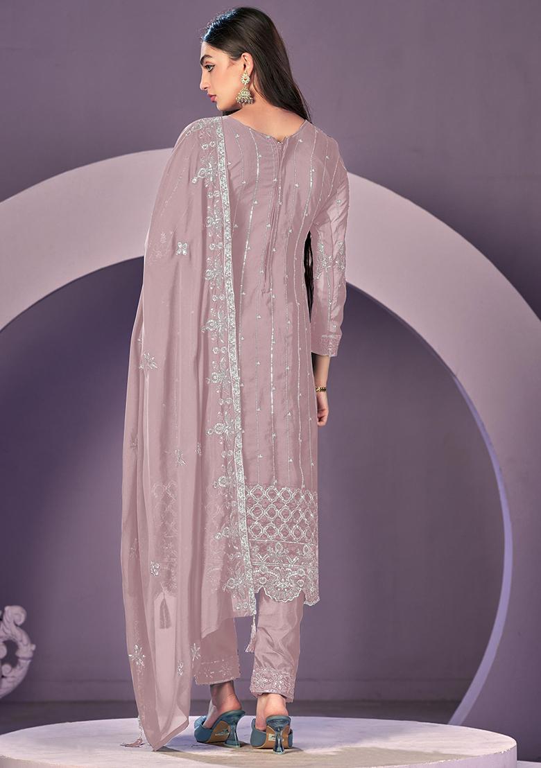 Lavender Embroidered Faux Georgette Salwar Kameez With Dupatta - Indya