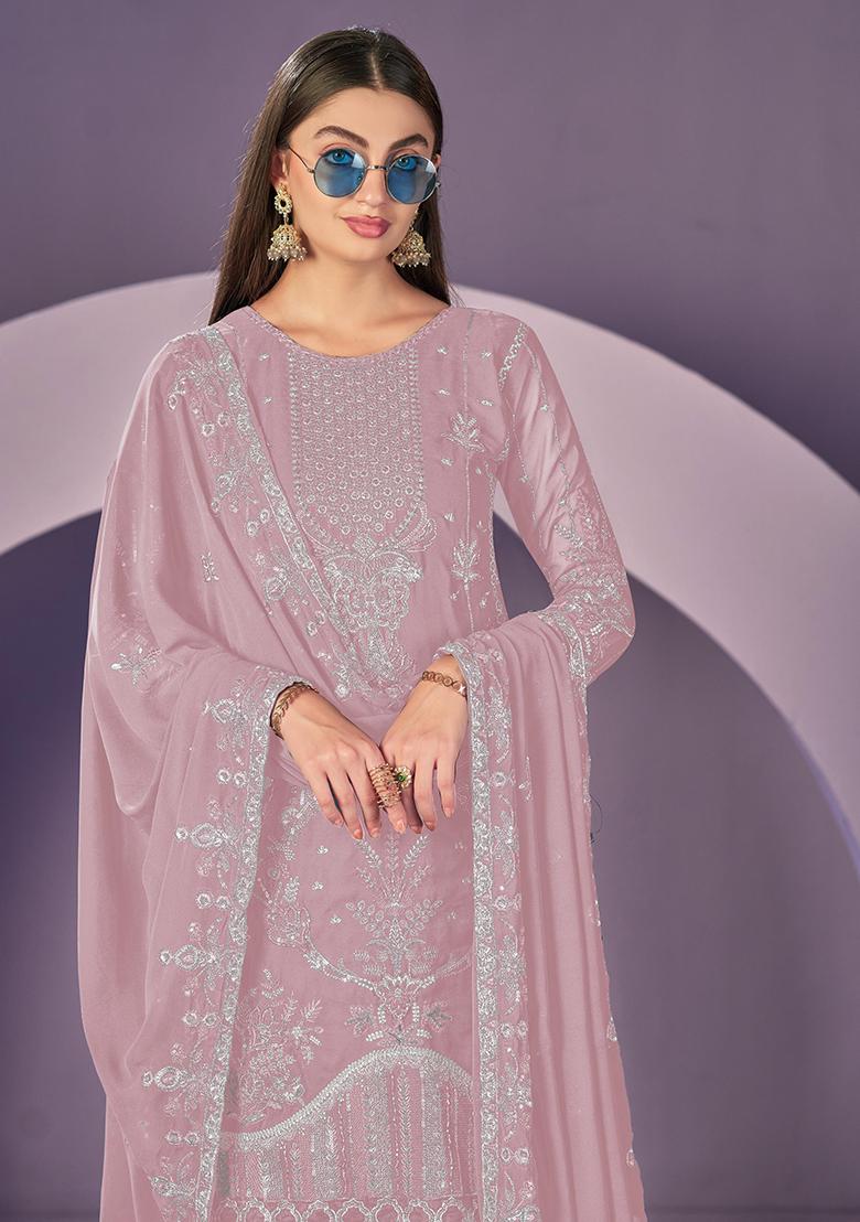 Peach Embroidered Faux Georgette Salwar Kameez With Dupatta - Indya