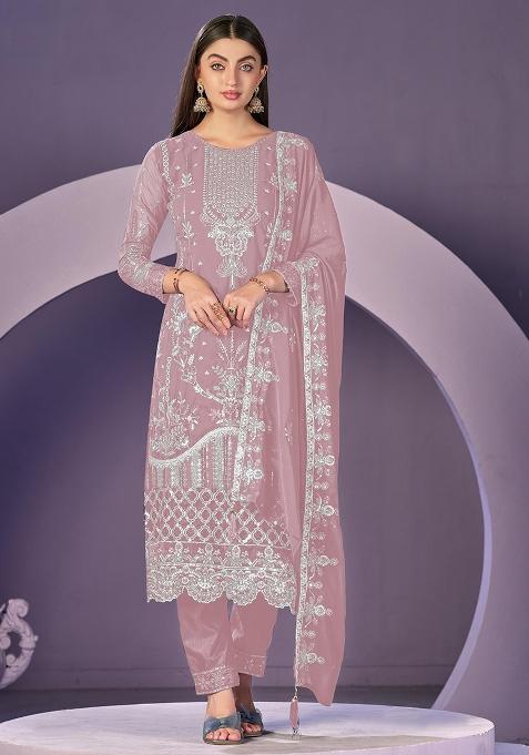 Peach Embroidered Faux Georgette Salwar Kameez With Dupatta