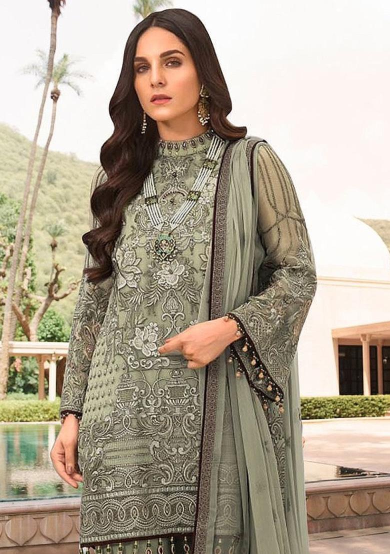 Mehendi Embroidered Georgette Salwar Kameez With Dupatta - Indya