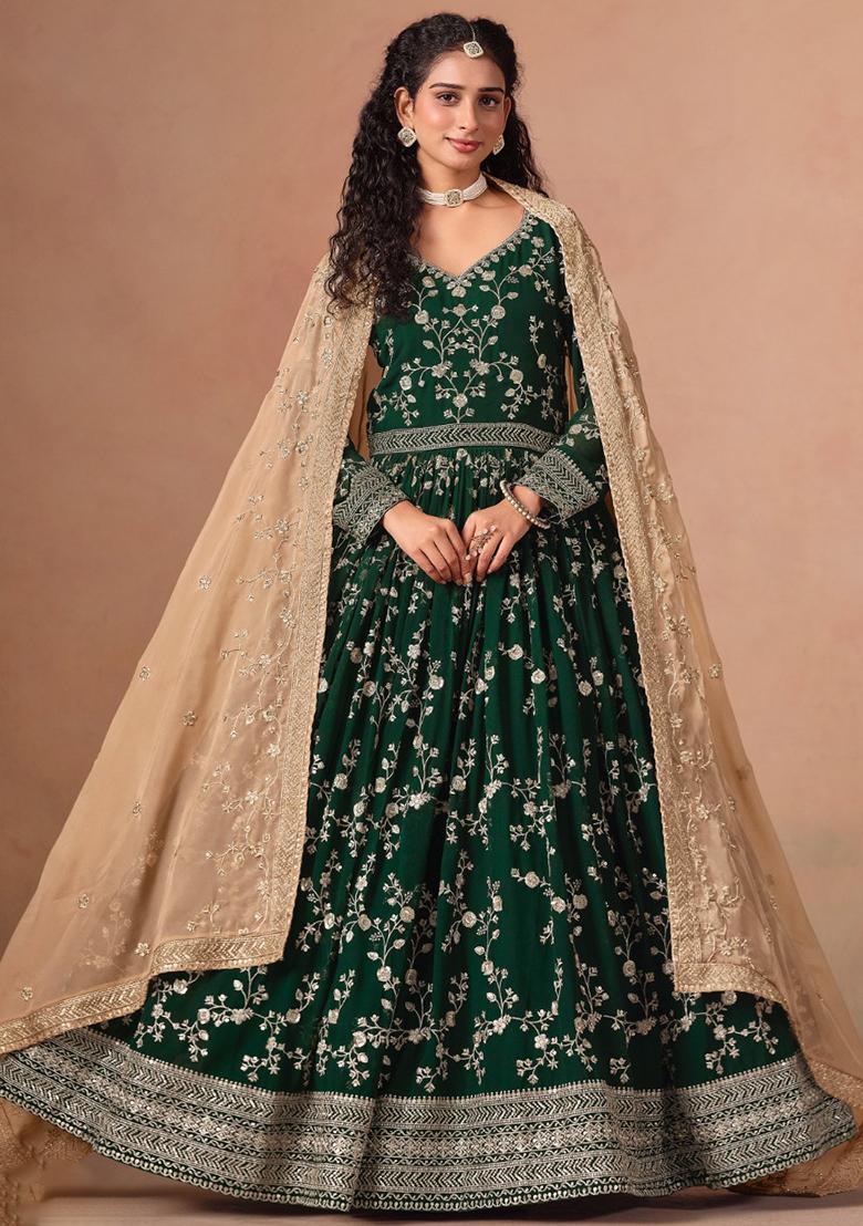 Dark Green Jacquard Faux Georgette Salwar Kameez With Dupatta