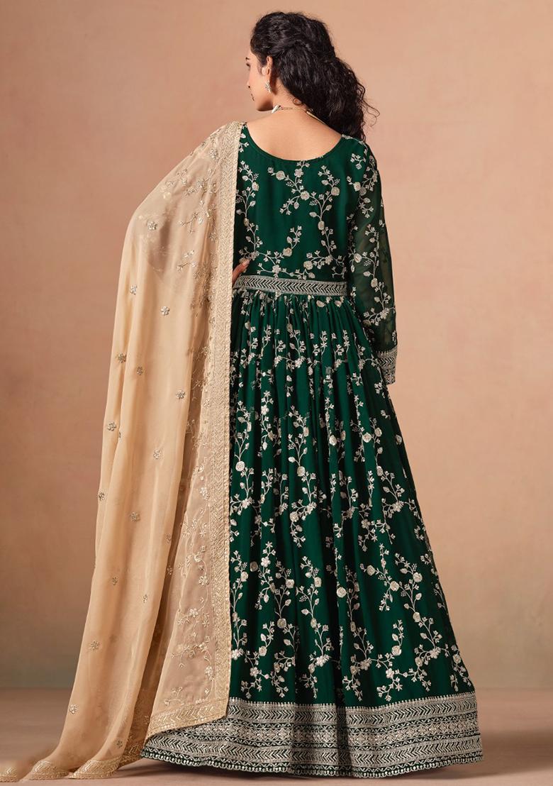 Dark Green Jacquard Faux Georgette Salwar Kameez With Dupatta