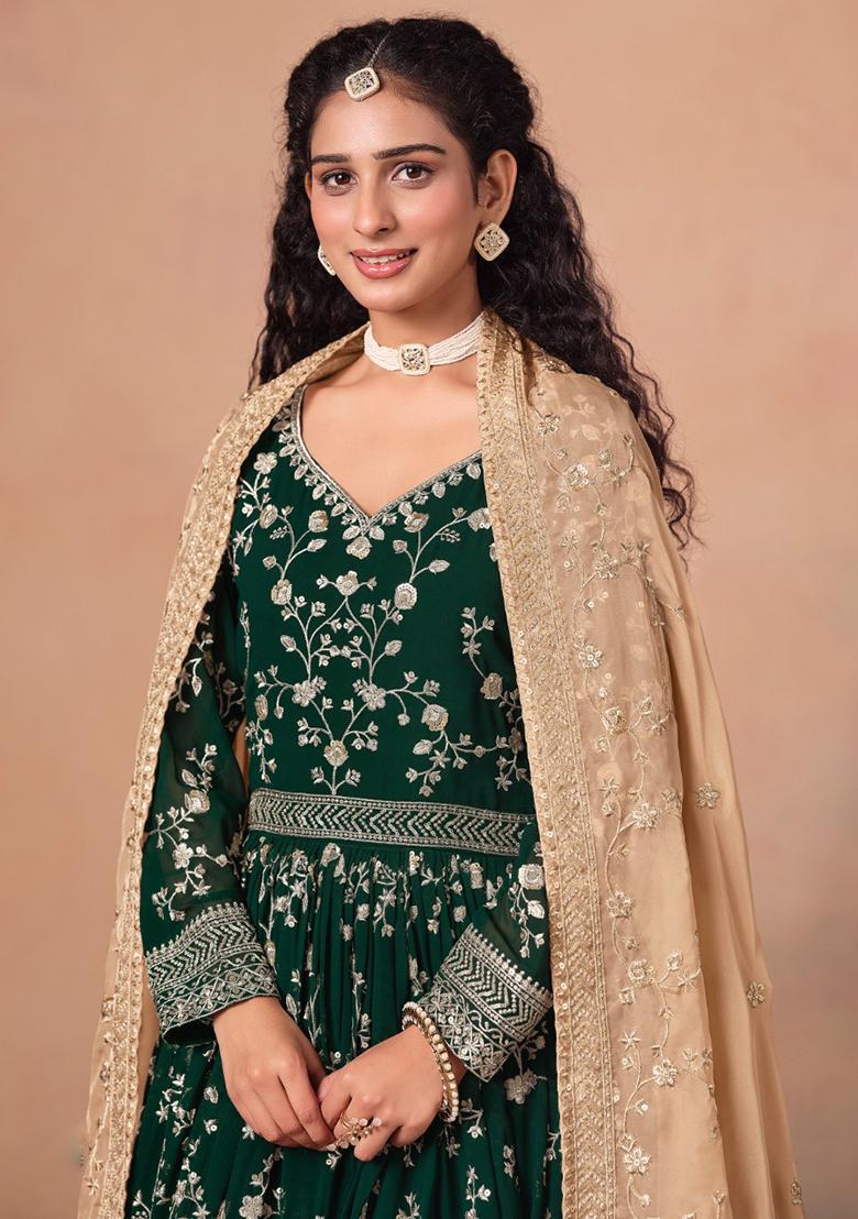 Dark Green Jacquard Faux Georgette Salwar Kameez With Dupatta - Indya