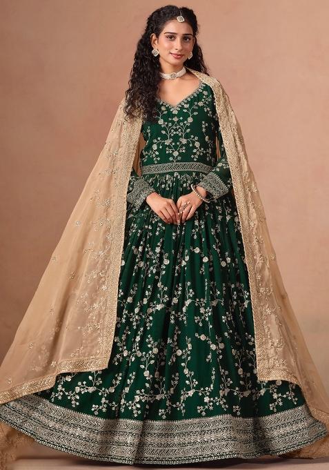 Dark Green Jacquard Faux Georgette Salwar Kameez With Dupatta