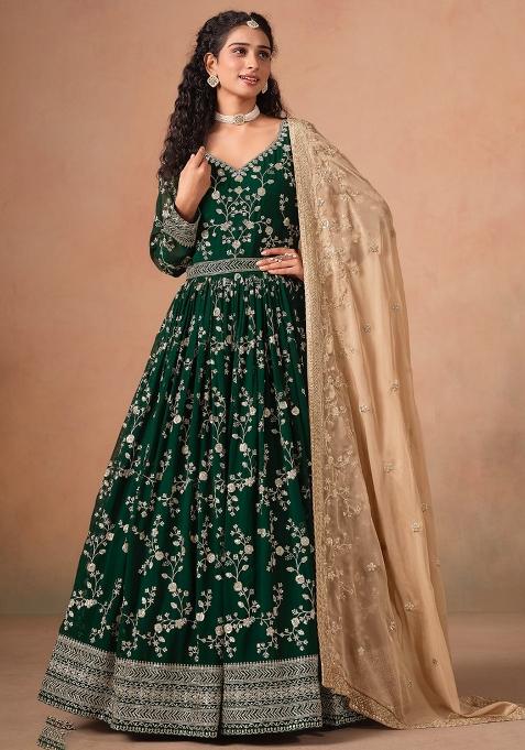 Dark Green Jacquard Faux Georgette Salwar Kameez With Dupatta