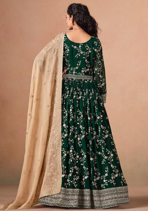 Dark Green Jacquard Faux Georgette Salwar Kameez With Dupatta