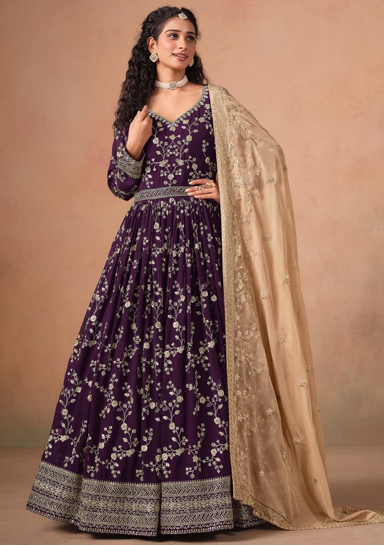 Purple Jacquard Faux Georgette Salwar Kameez With Dupatta - Indya